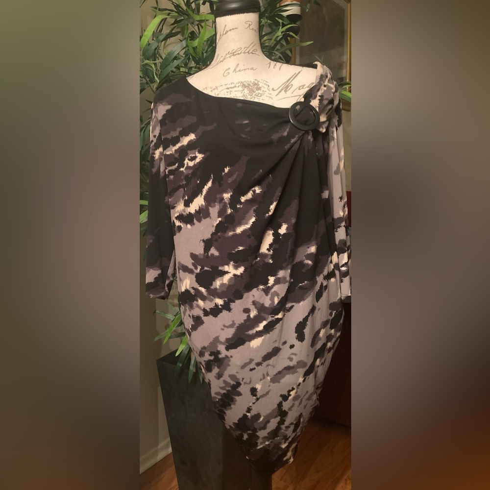 Liz Claiborne 16W grey black multi print long sleeve dress